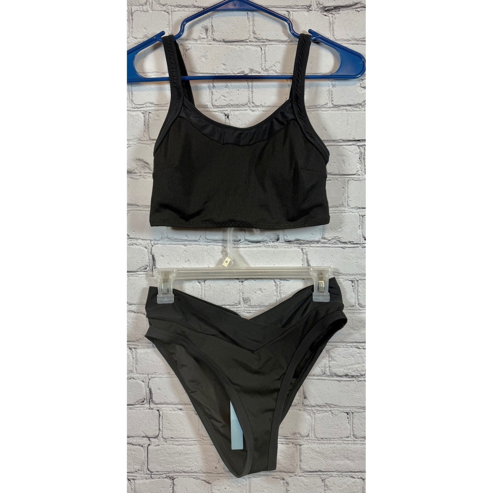 Cupshe Small Black Ribbed Bikini Set Two Piece Swimsuit High‎ Cut Sexy Swimwear
